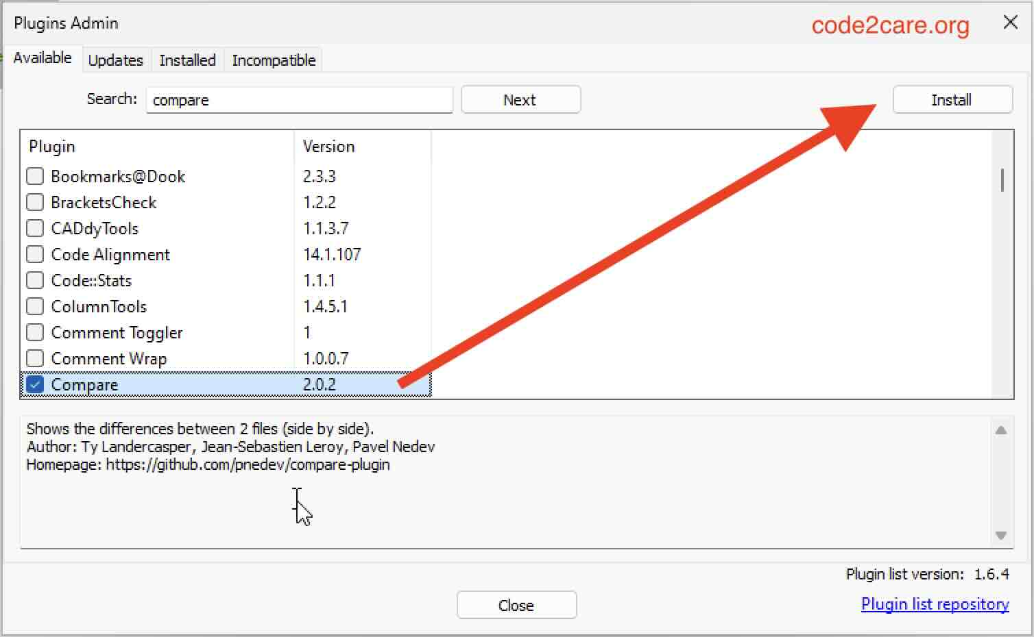 Install Compare Plugin in Notepad++